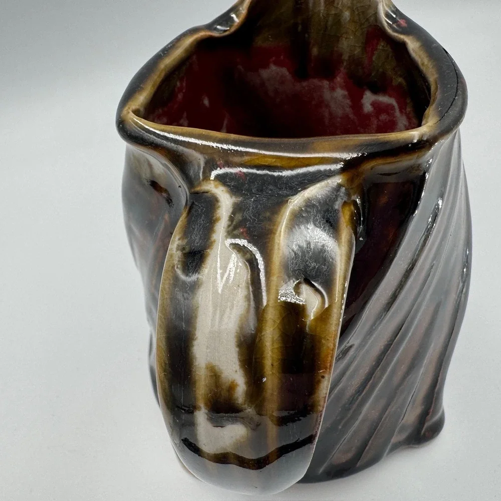 Studio Pottery Spiral Ribbed Pitcher Brown Tan Glossy Glaze Oxblood Red Interior